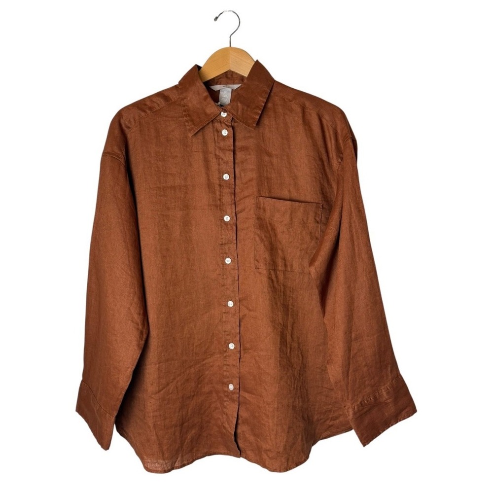 H&M Linen Button Down Shirt Women Small Brown NWT Long Sleeve Preppy Lagenlook - Picture 2 of 9